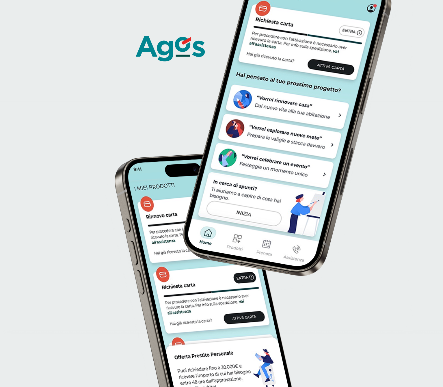 Schermate dell'app Agos: richiesta e attivazione carta, progetti di prestito personale